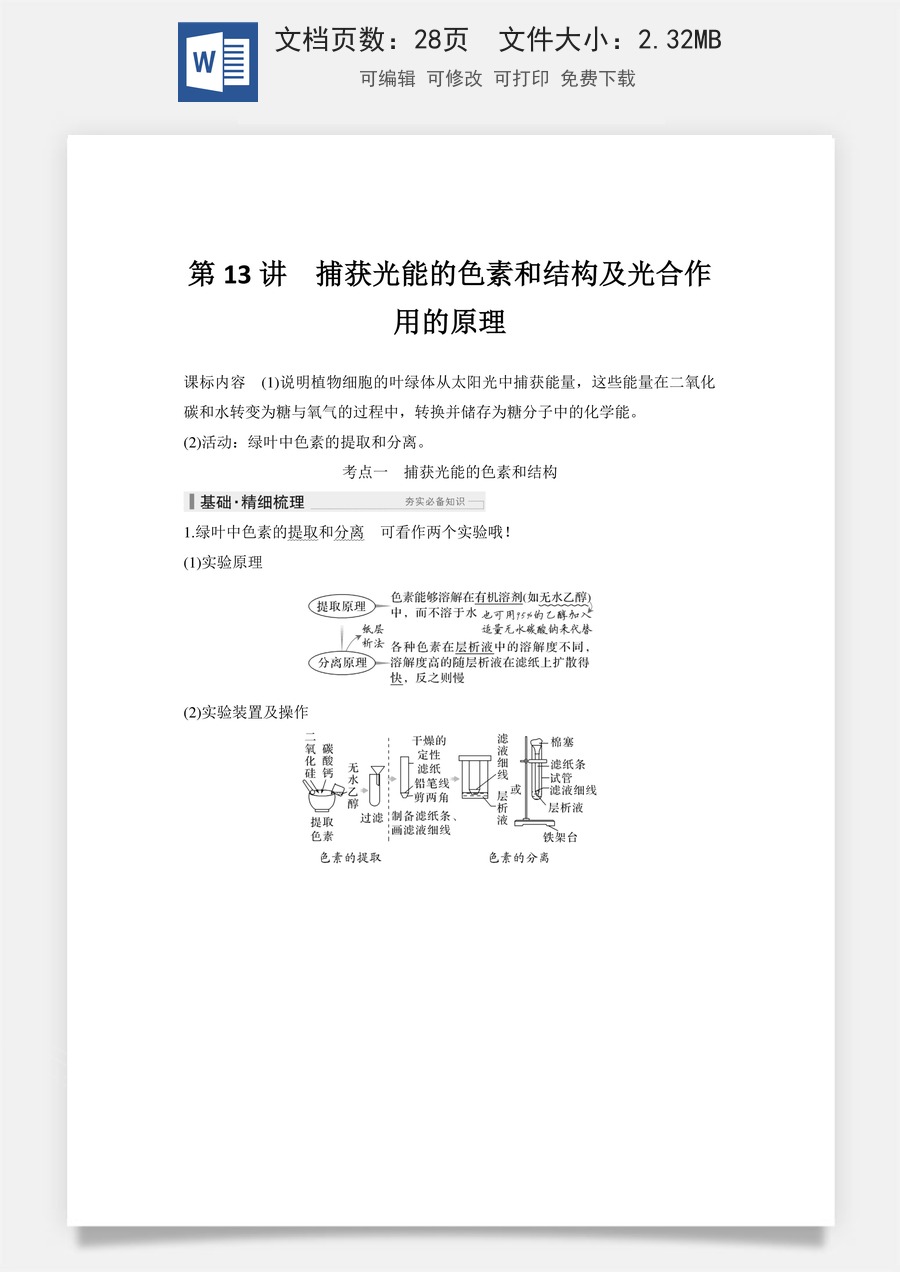 高中-高考总复习-生物-第13讲　捕获光能的色素和结构及光合作用的原理.doc
